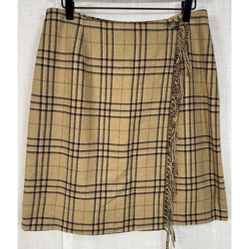 VTG Sag Harbor Women's Sz 12 Petite Plaid Wool Blend Wrap Skirt Fringe Tan